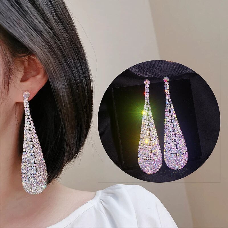 Tear Drop Crystal Earrings (Colorful- Silver)